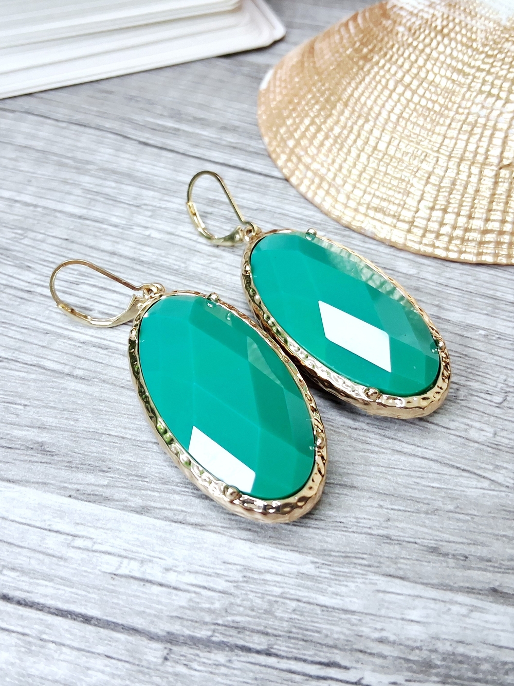 Gold-Trim Teardrop Green Faceted Drop Earrings - Women Jewelry